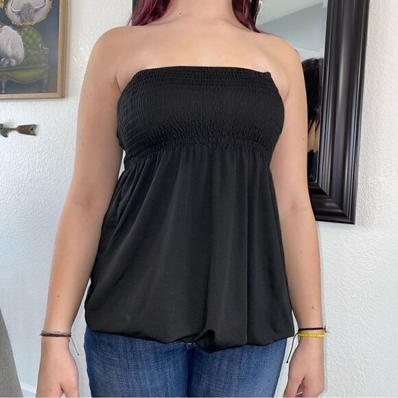 Womens Square Neck Strapless Sleeveless Peplum Tube Top Tank Black One Size - Picture 1 of 5